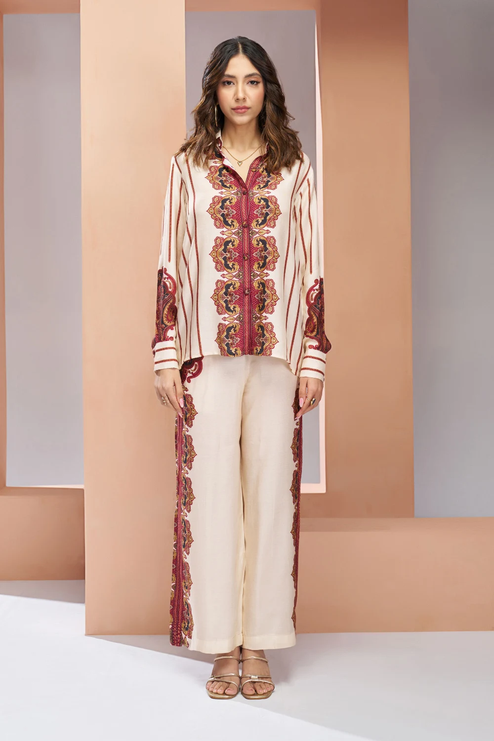 Cream Muslin Silk Co-ord Set with Digital Printed