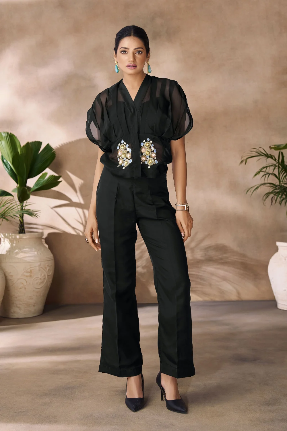 Designer Black Organza Co-Ord Set with Hand Embroidery