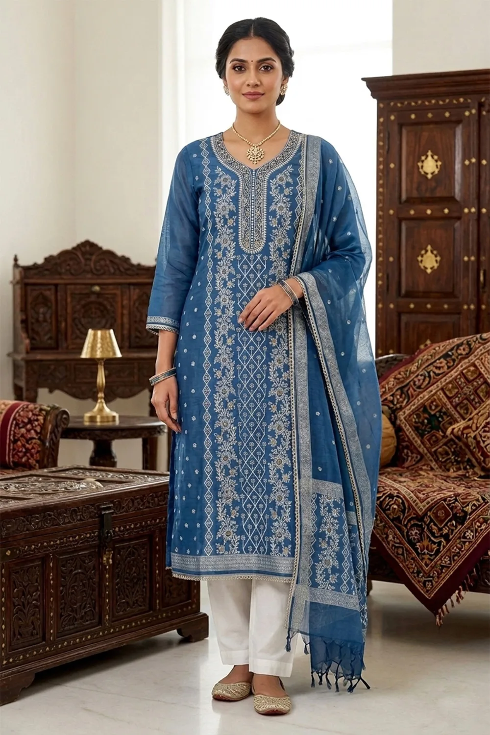 Designer Blue Colour Banarasi Cotton Dress Materials