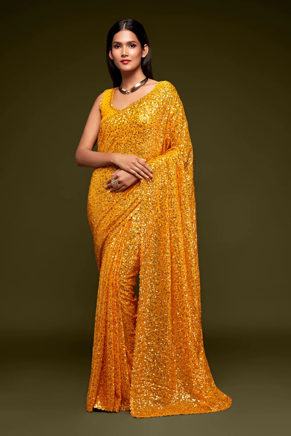 Designer Georgette Yellow Color Sequins Saree