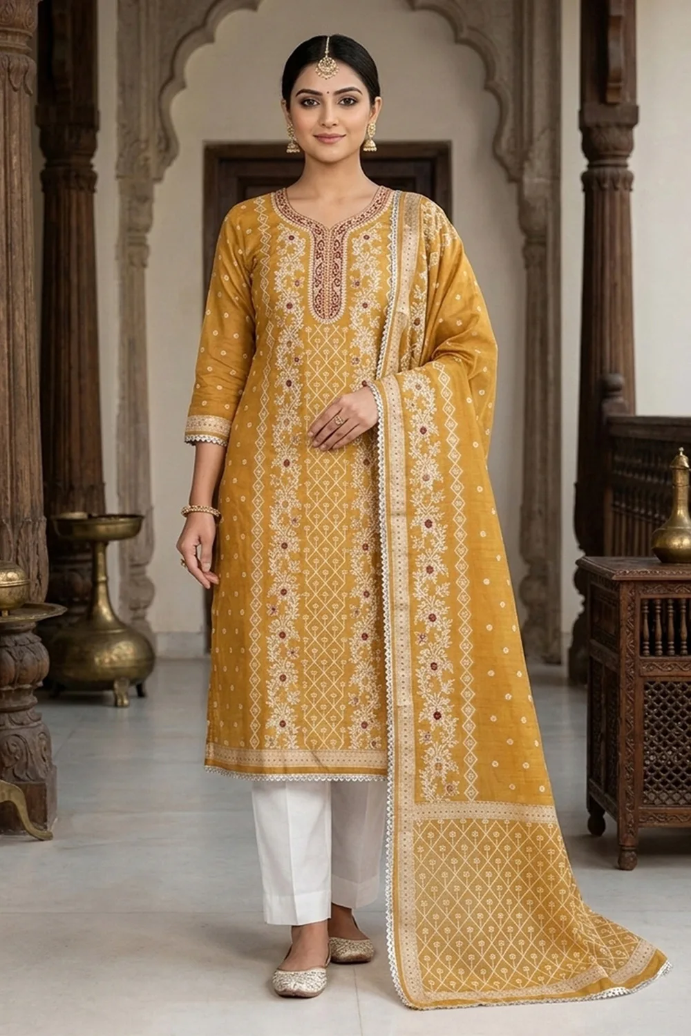 Designer Mustard Colour Banarasi Cotton Dress Materials