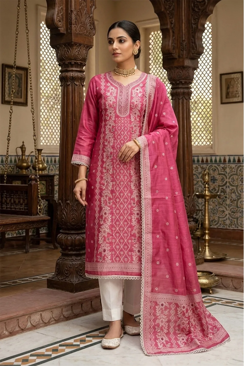 Designer Pink Colour Banarasi Cotton Dress Materials