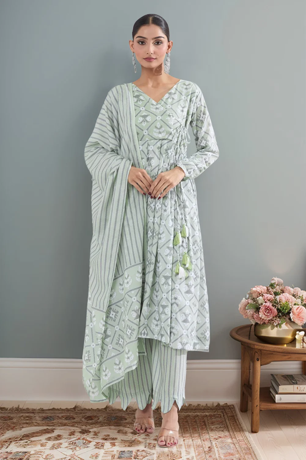 Green Maslin Kurta Set with Traditional Digital Prints