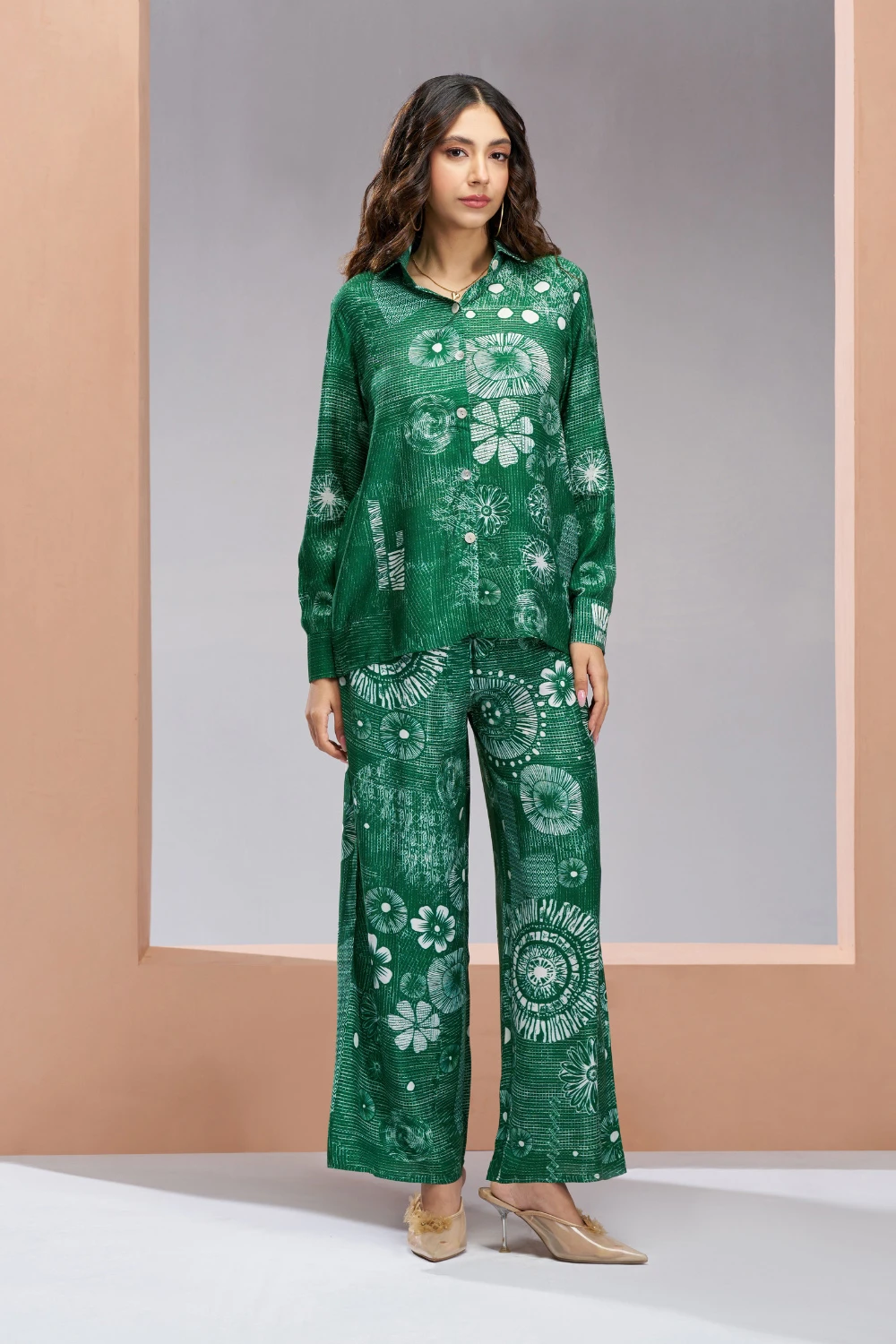 Green Muslin Silk Co-ord Set with Digital Printed