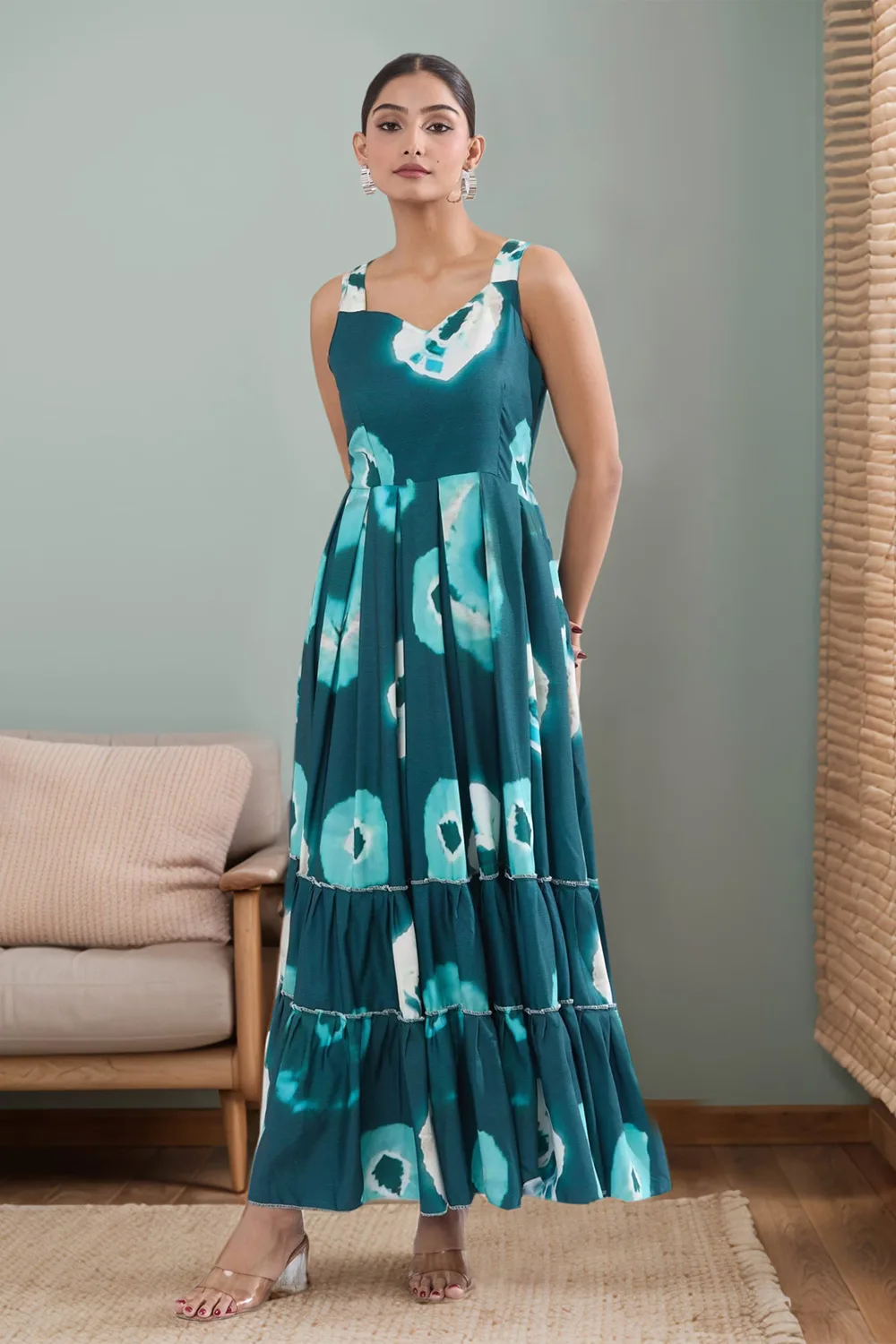 Green Rayon Gown with Stylish Digital Print Pattern