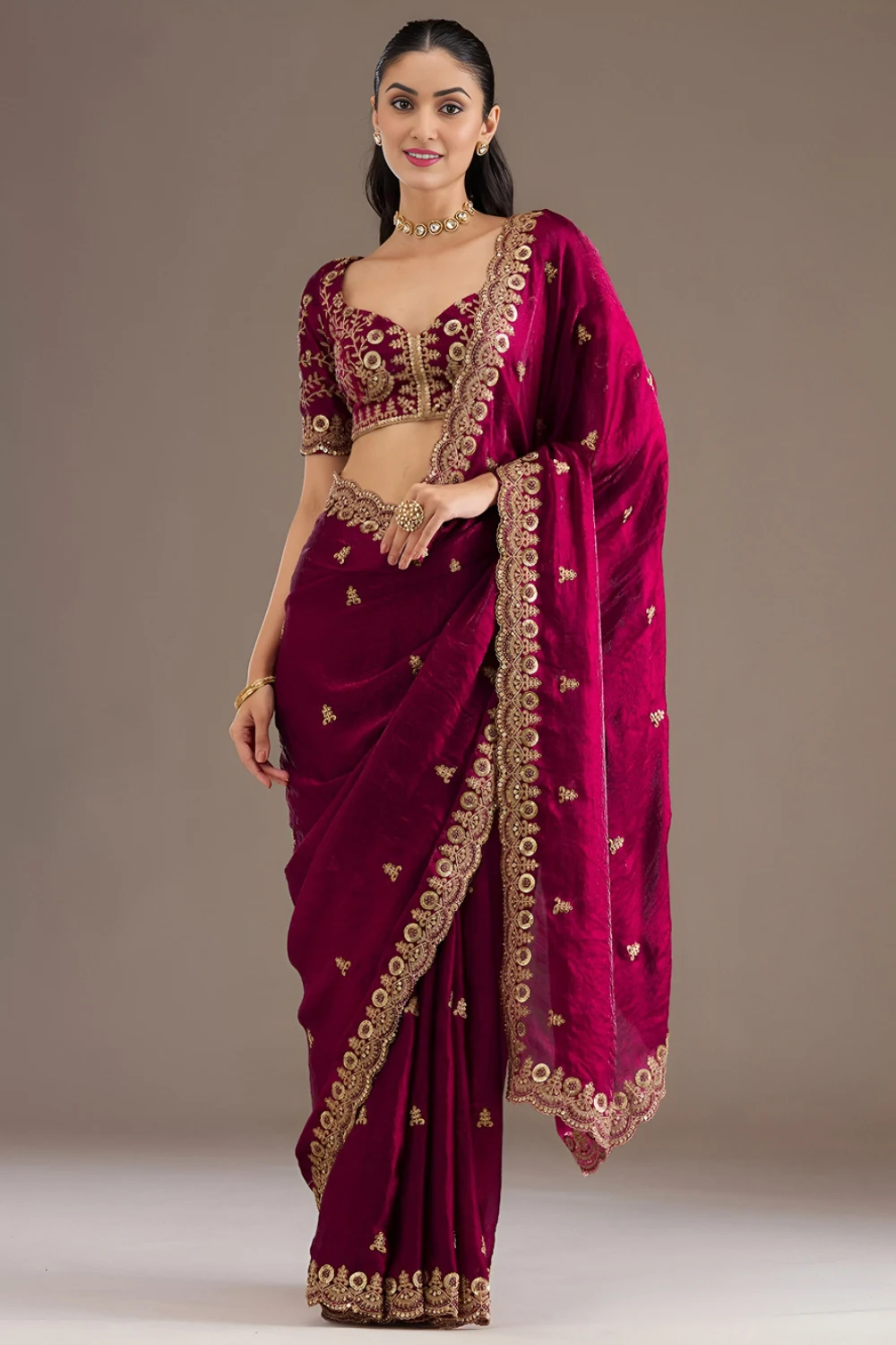 Magenta Tissue Saree with Sequins & Zari Handwork