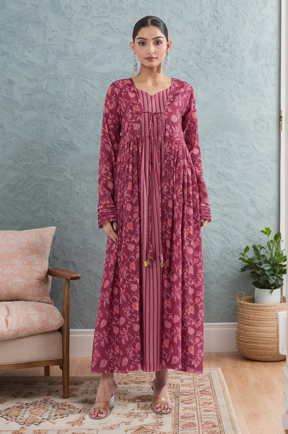 Maroon Maslin Gown with Traditional Digital Prints