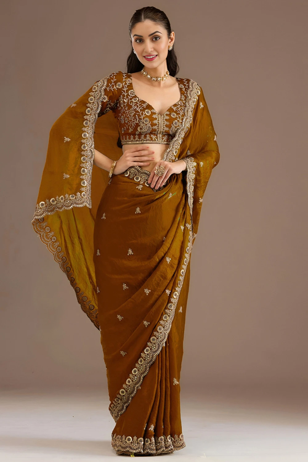 Mustard Tissue Saree with Sequins & Zari Handwork