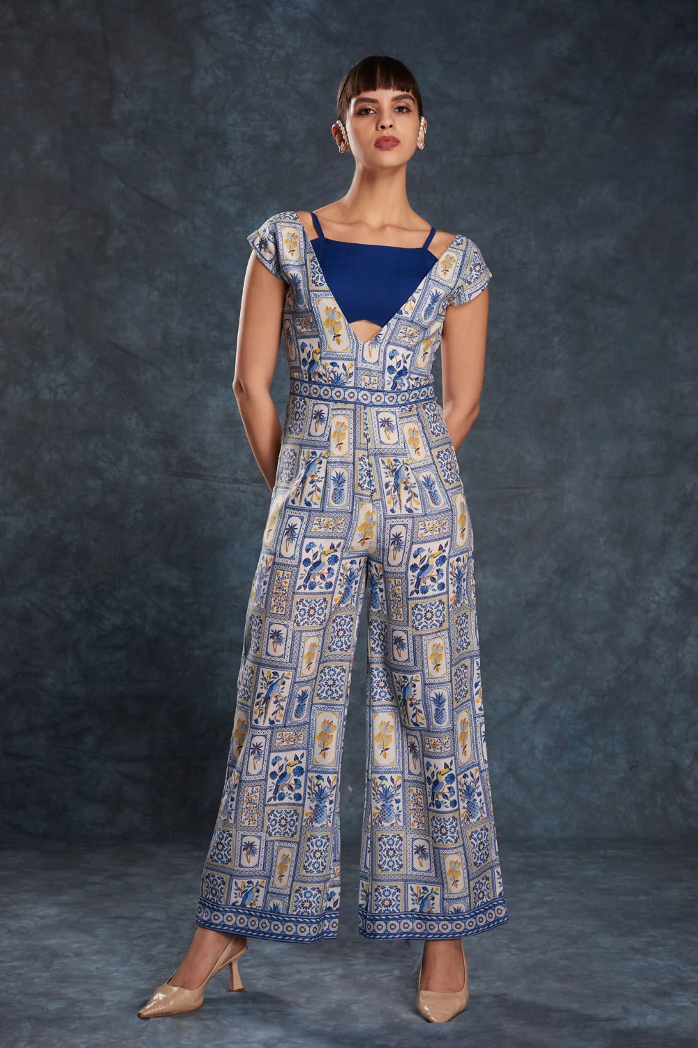 Navy Blue Linen Partywear Co-ord Set with Digital Print