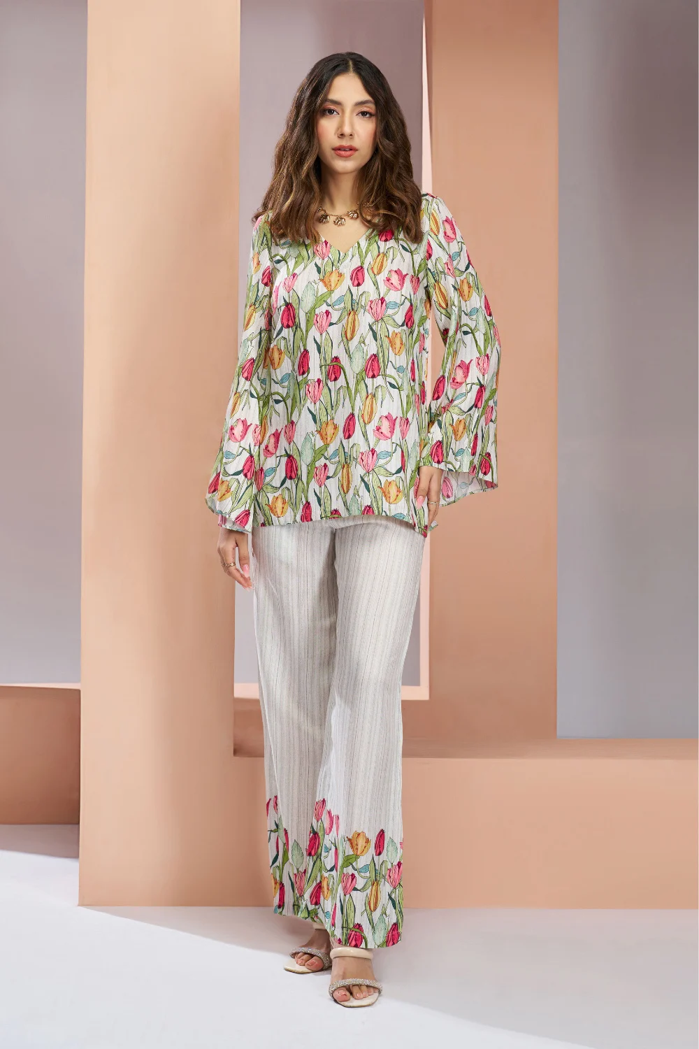 Off White Muslin Silk Co-ord Set with Digital Printed