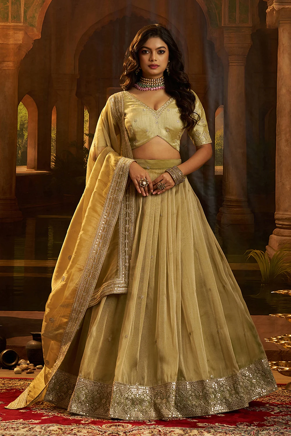 Olive Organza Lehenga Set with Sequin Zari Work