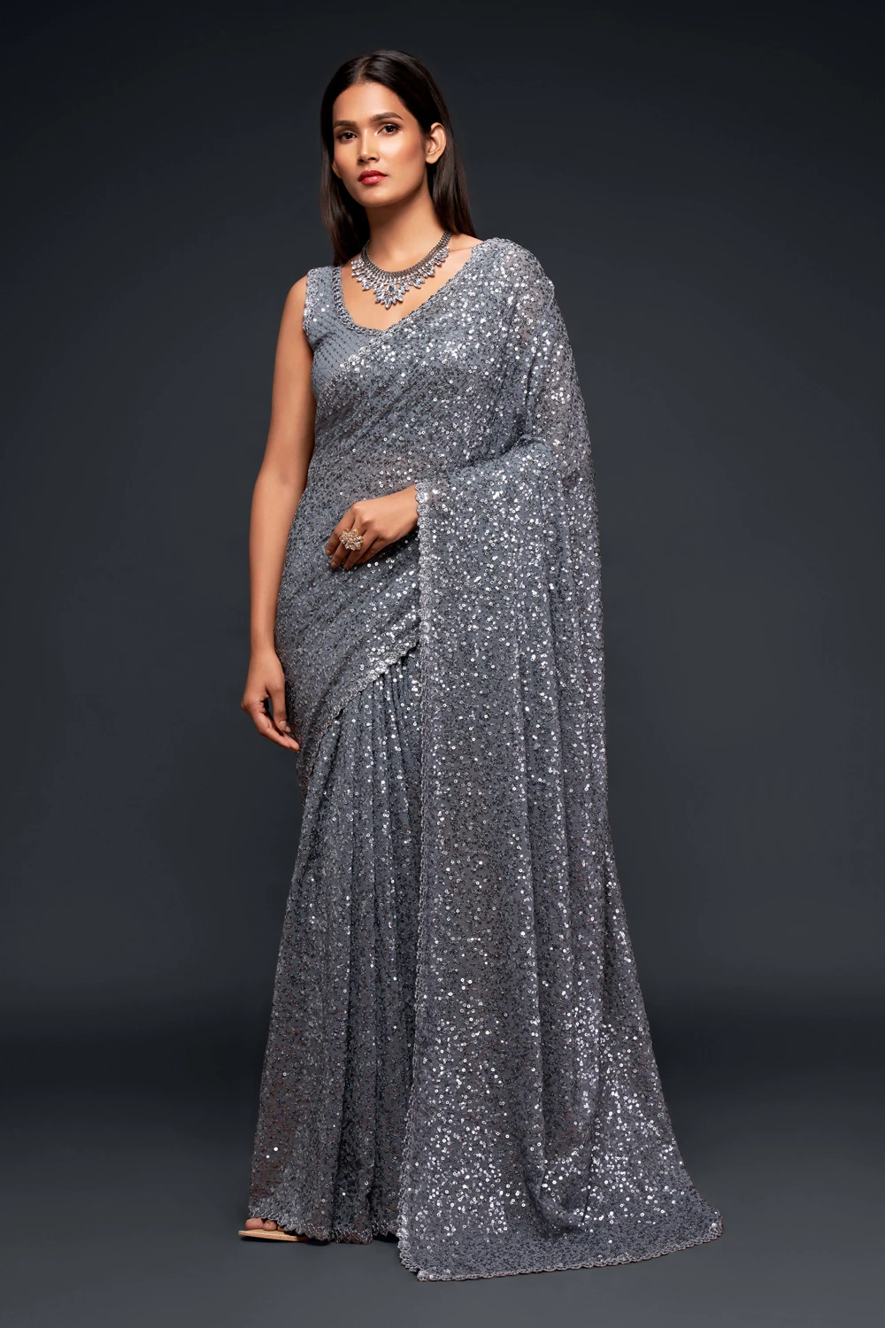 Party Wear Georgette Grey Color Sequins Saree