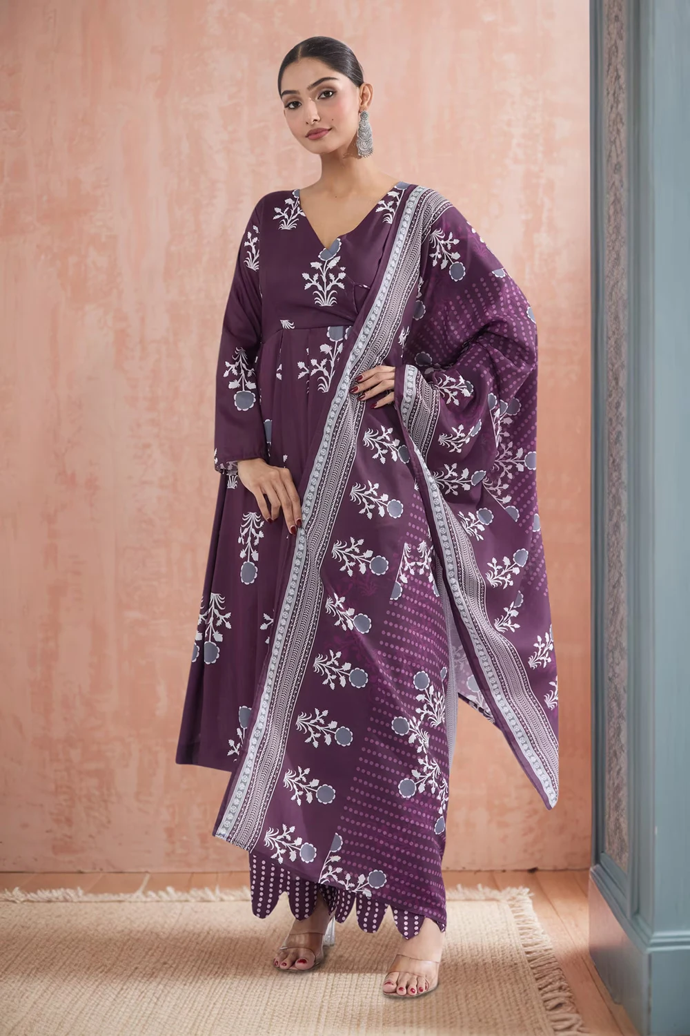 Purple Maslin Kurta Set with Traditional Print Design