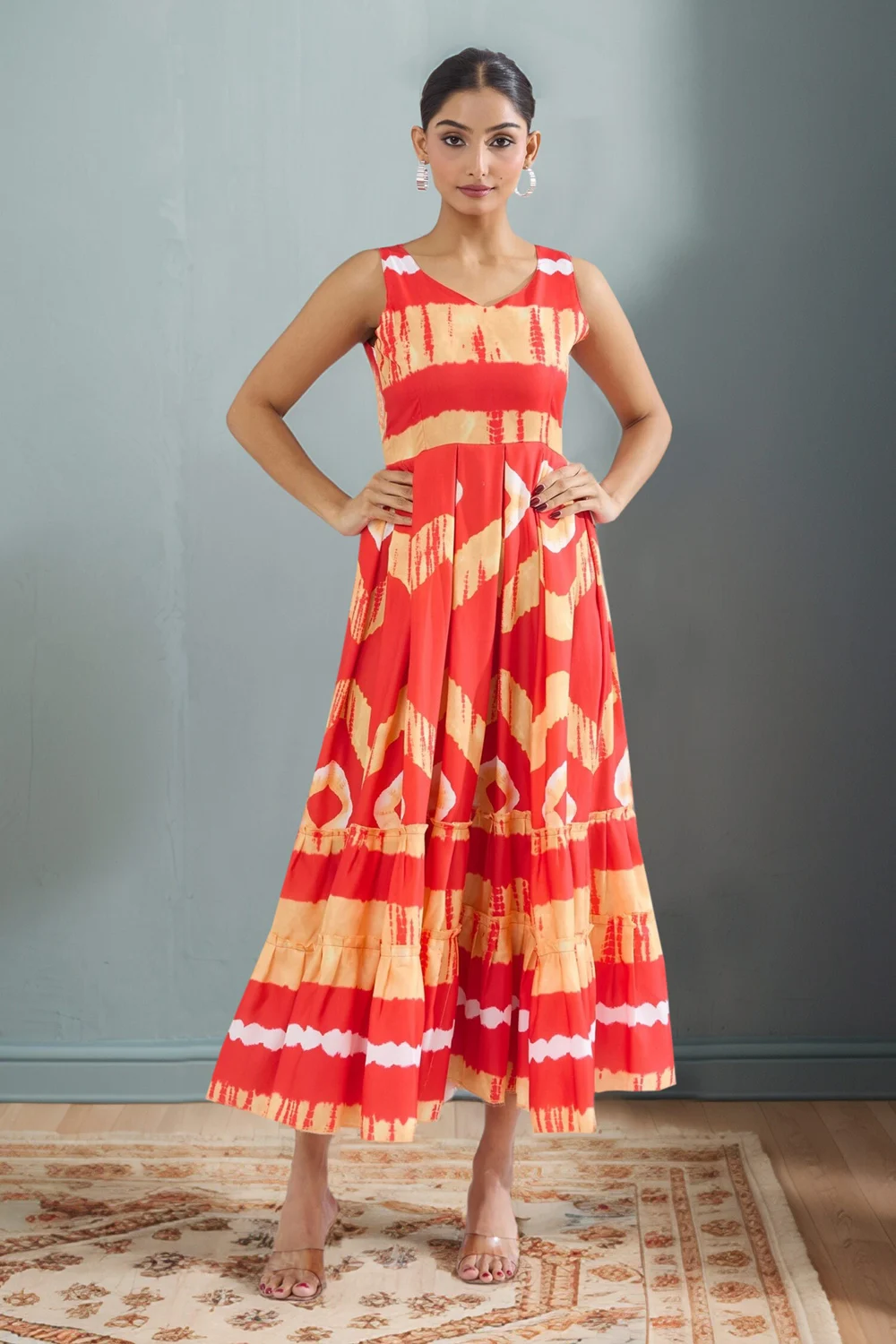 Red Rayon Gown with Classic Digital Print Pattern