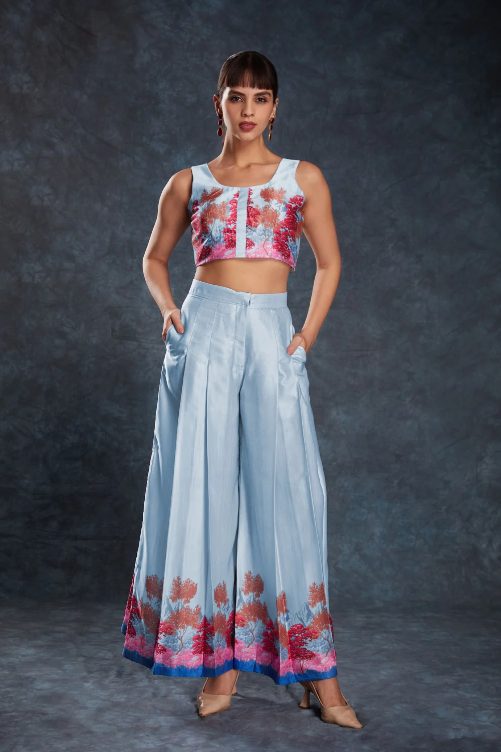 Sky Blue Linen Satin Partywear Co-ord Set Print