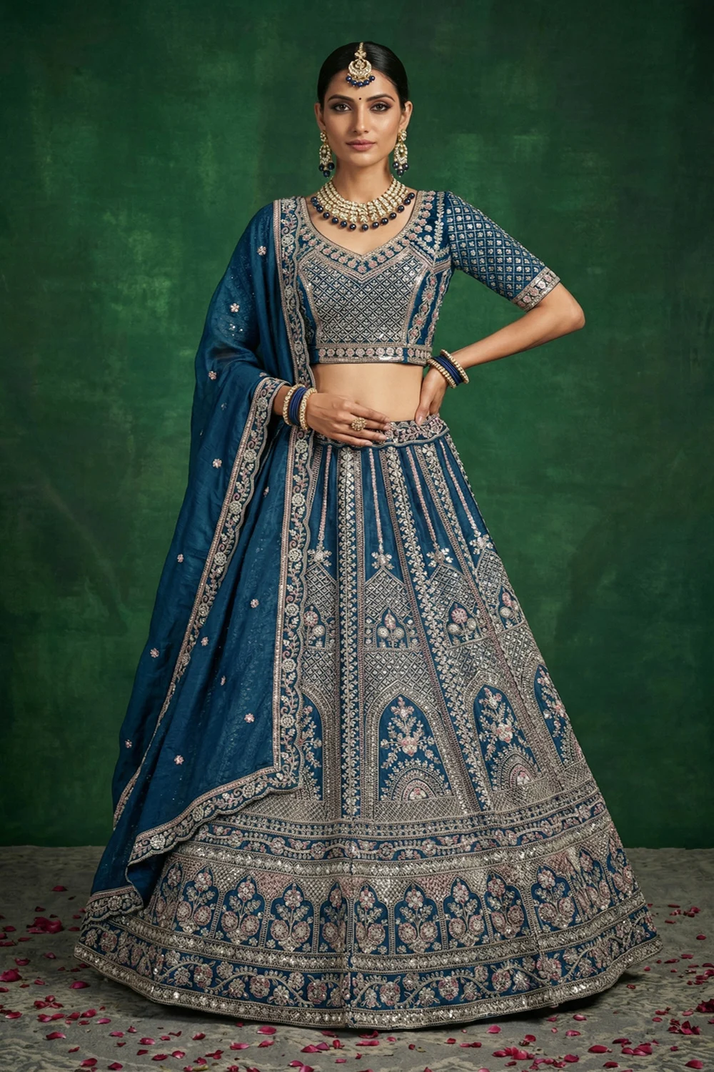 Teal Satin Bridal Lehenga Set with Sequin Work