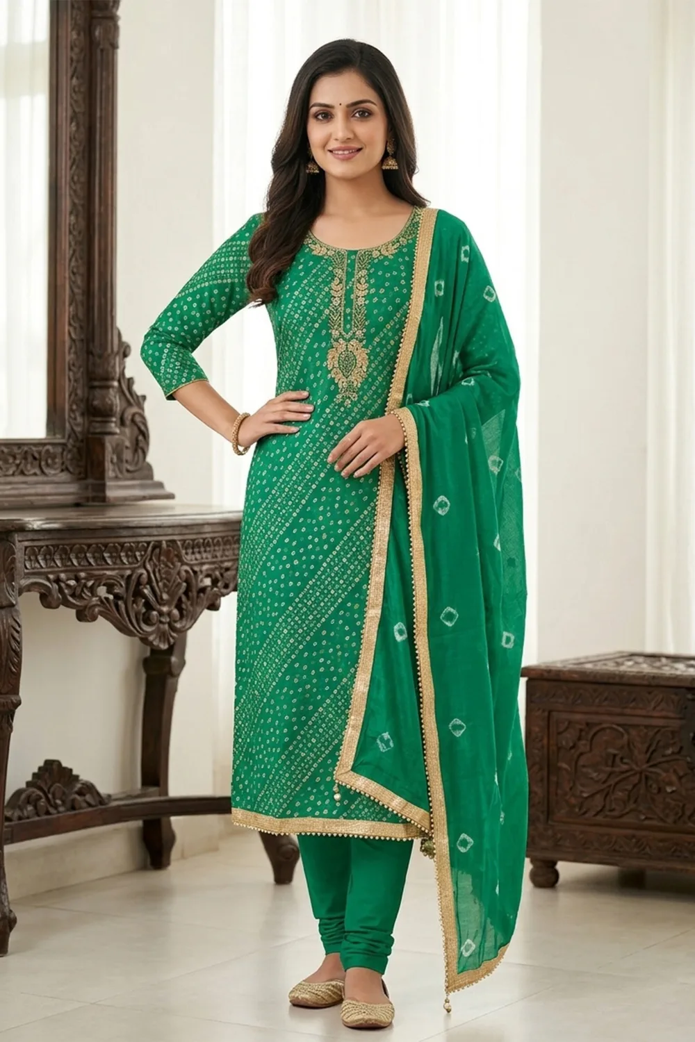Traditional Green Bandhani Print Cotton Dress Materials