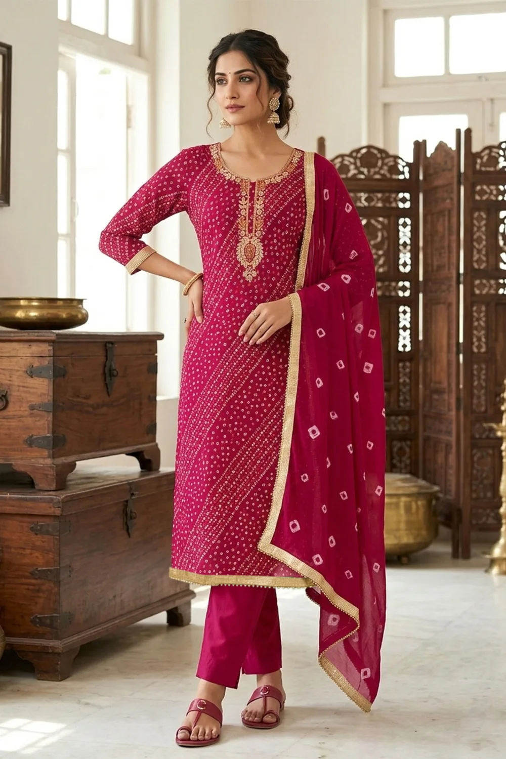 Traditional Pink Bandhani Print Cotton Dress Materials
