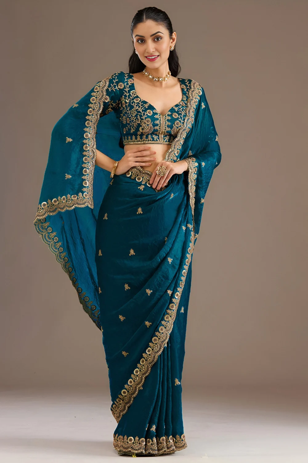 Turquoise Tissue Saree with Sequins & Zari Handwork