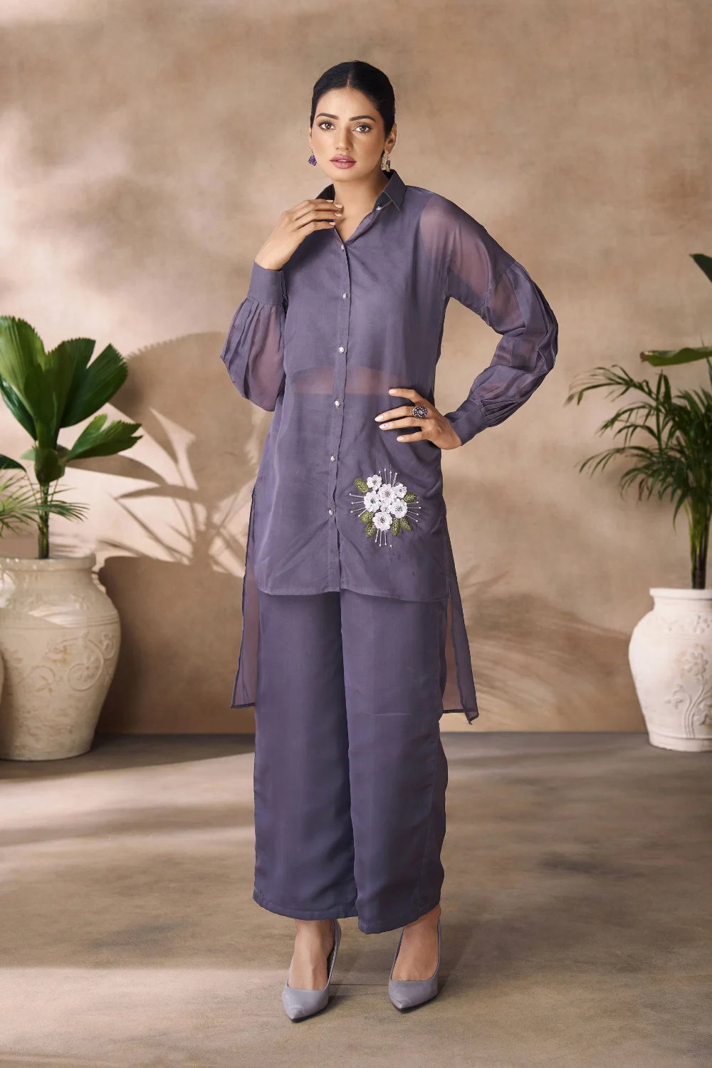Violet Organza Handwork Co-Ord Set for Party Wear