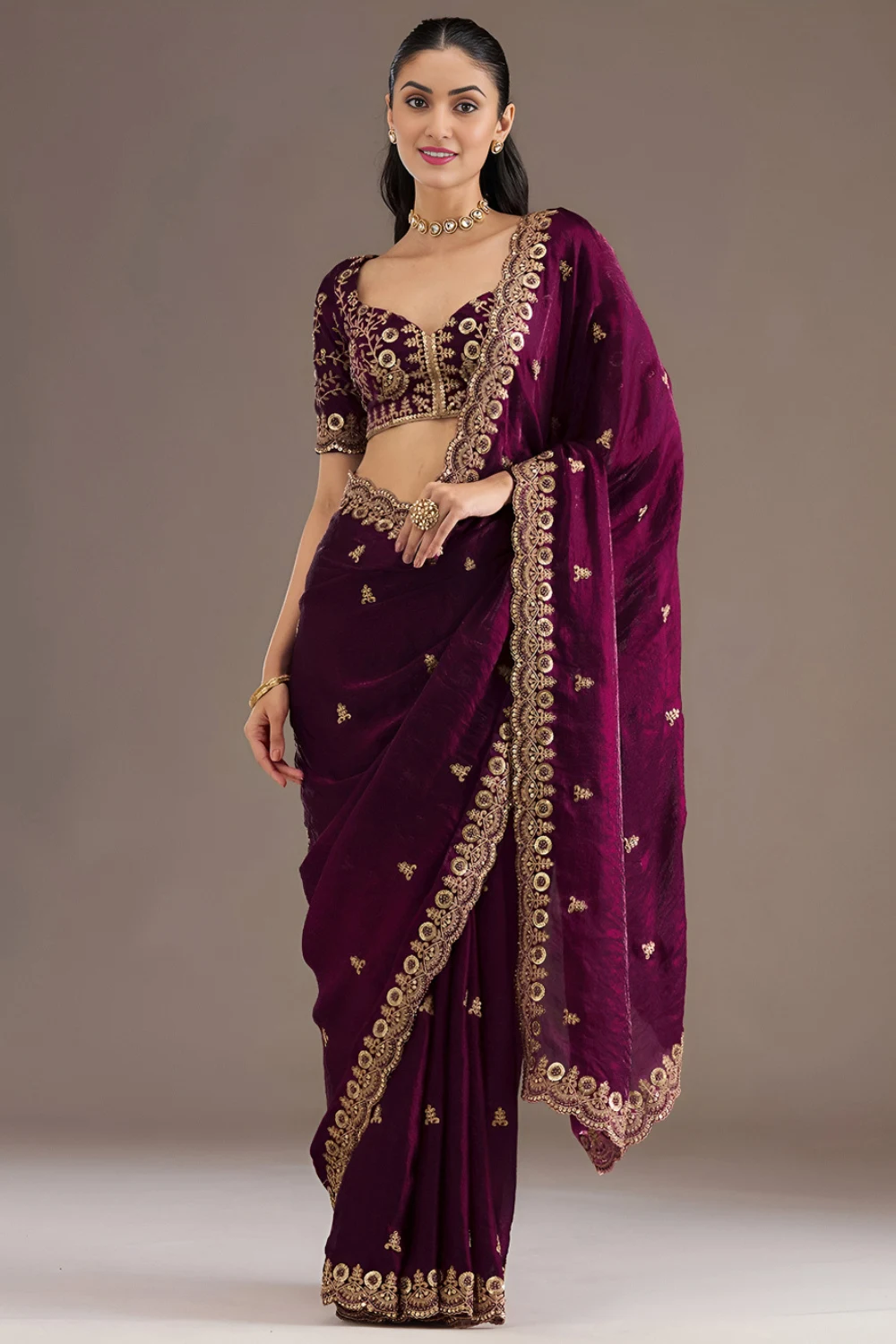 Wine Tissue Saree with Sequins & Zari Handwork