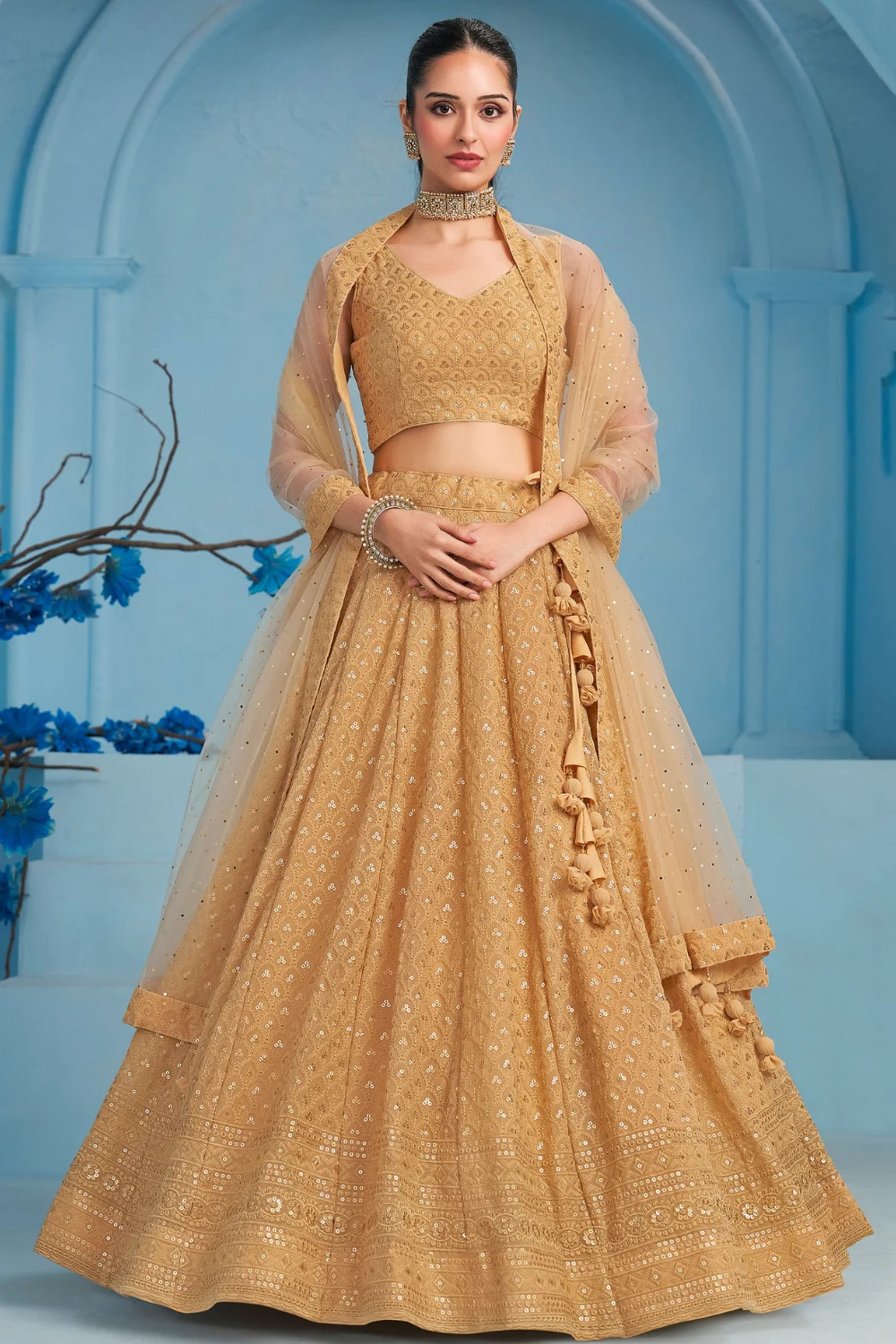 Beige Georgette Sequins Embroidered Party Lehenga