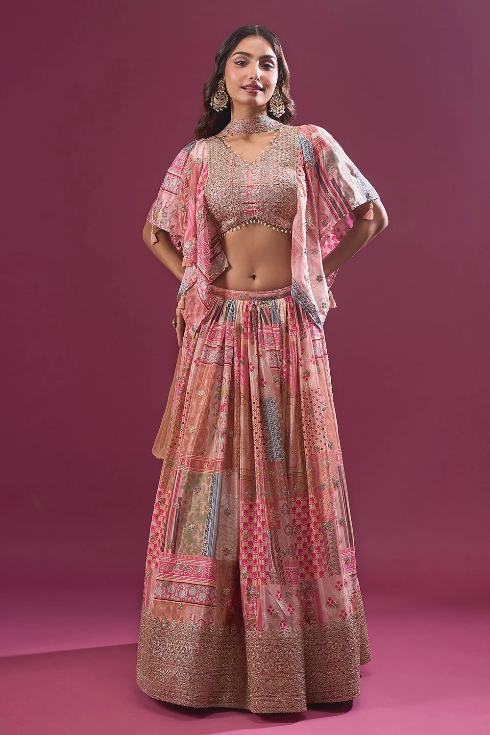 Beige Printed Zari Embroidered Lehenga Set