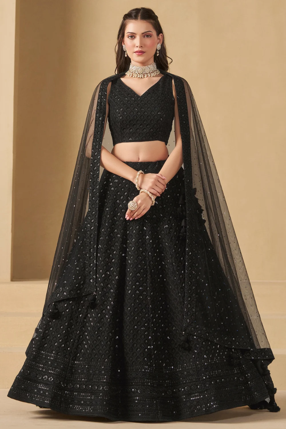 Black Georgette Sequins Embroidered Party Lehenga