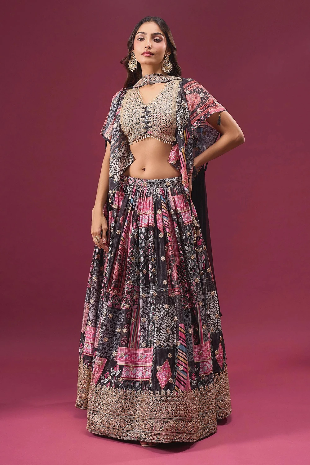 Black Printed Zari Embroidered Lehenga Set