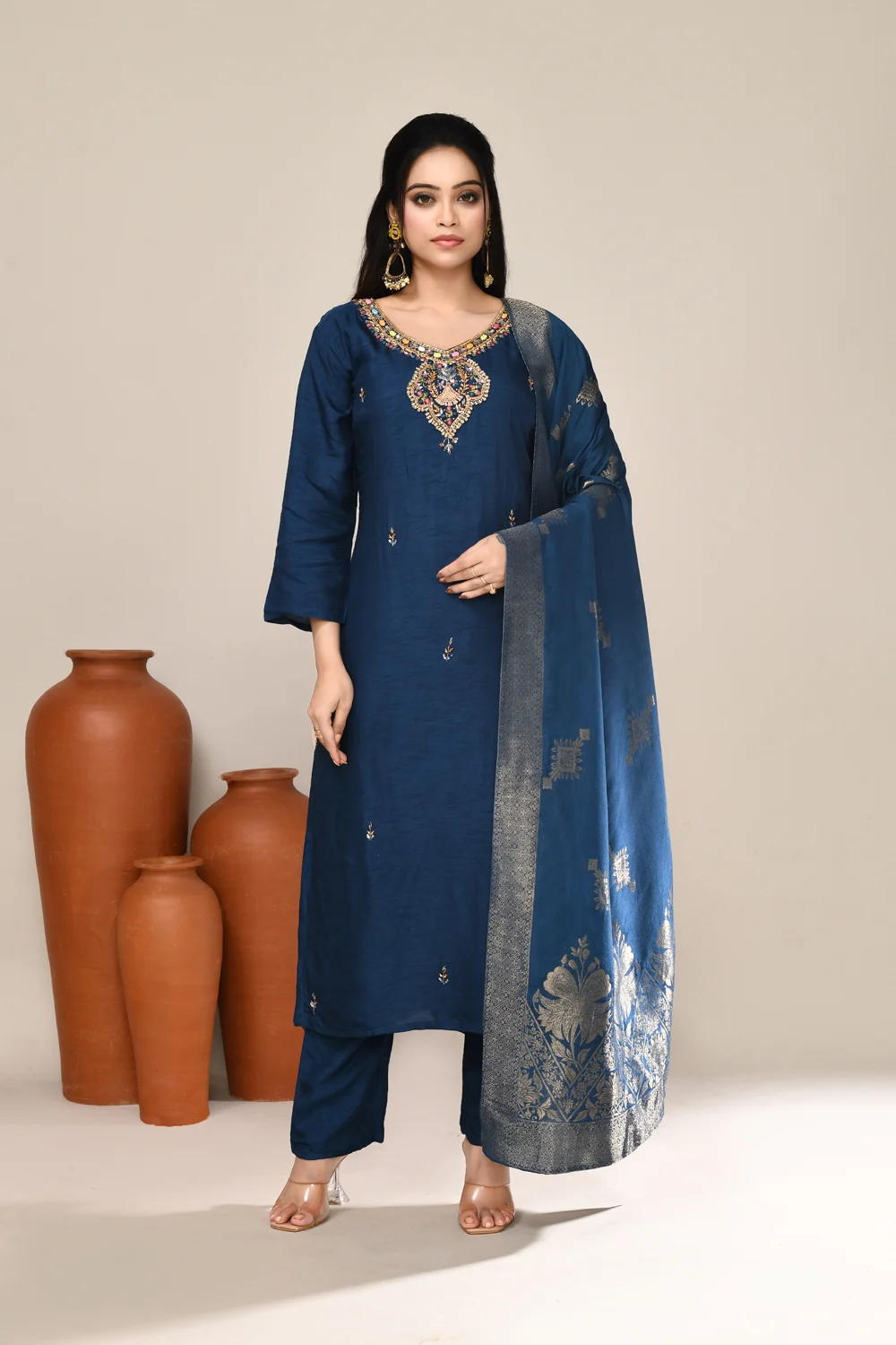 Blue Art Silk Festive Kurta Set