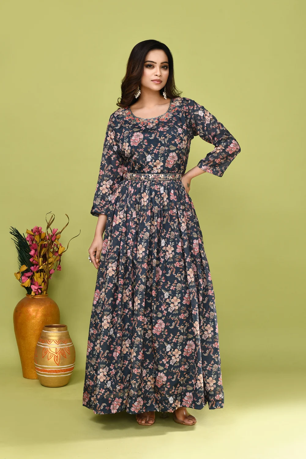 Blue Chinnon Embroidered Long Gown