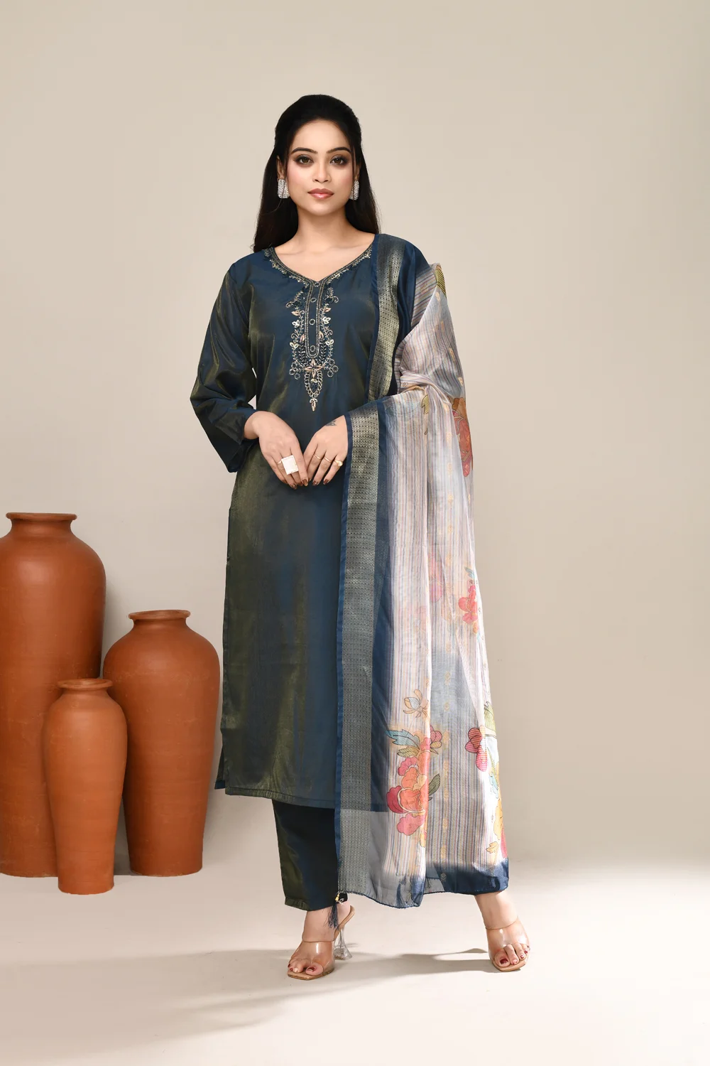 Blue Cotton Embroidered Kurta Set