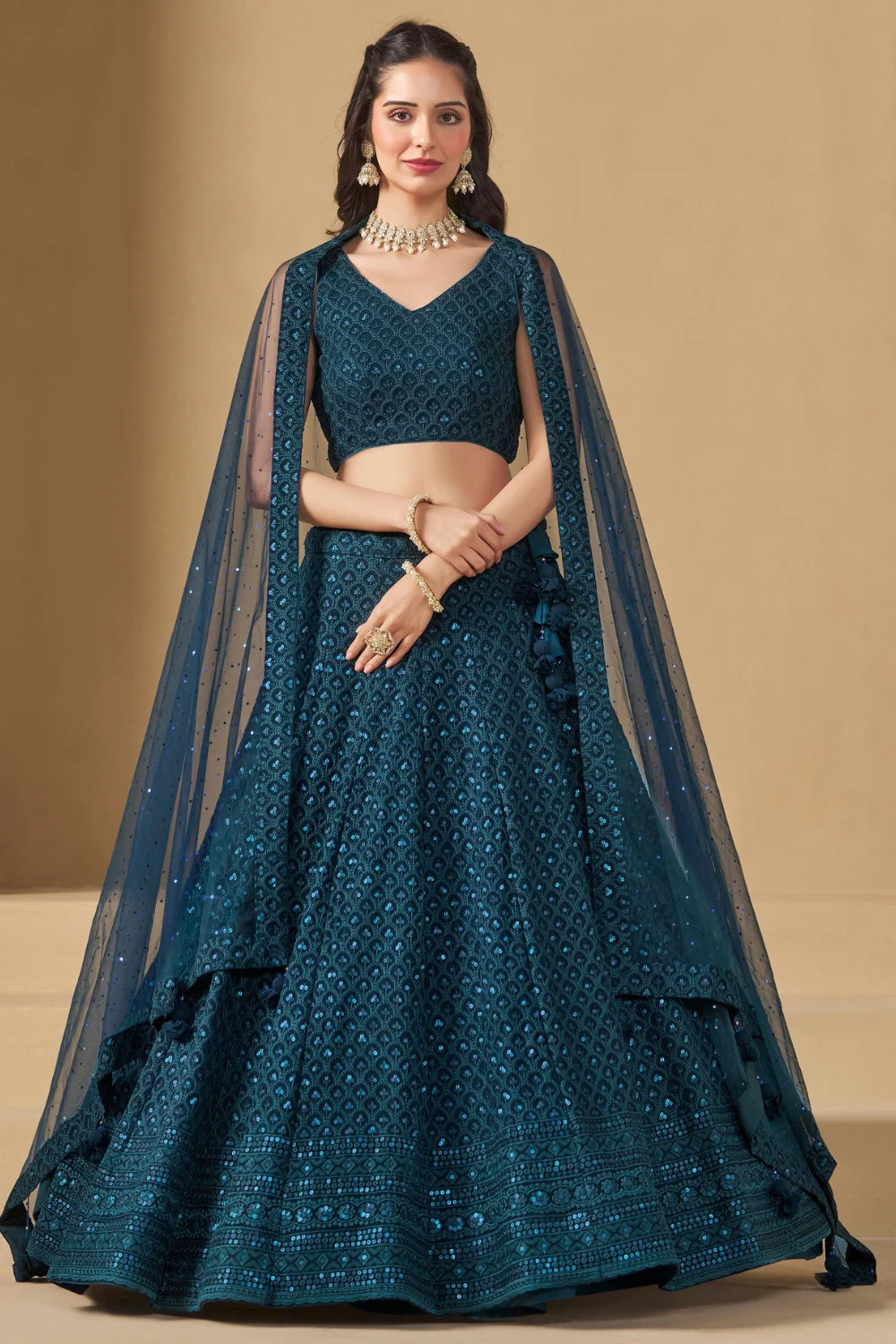 Blue Georgette Sequins Embroidered Party Lehenga