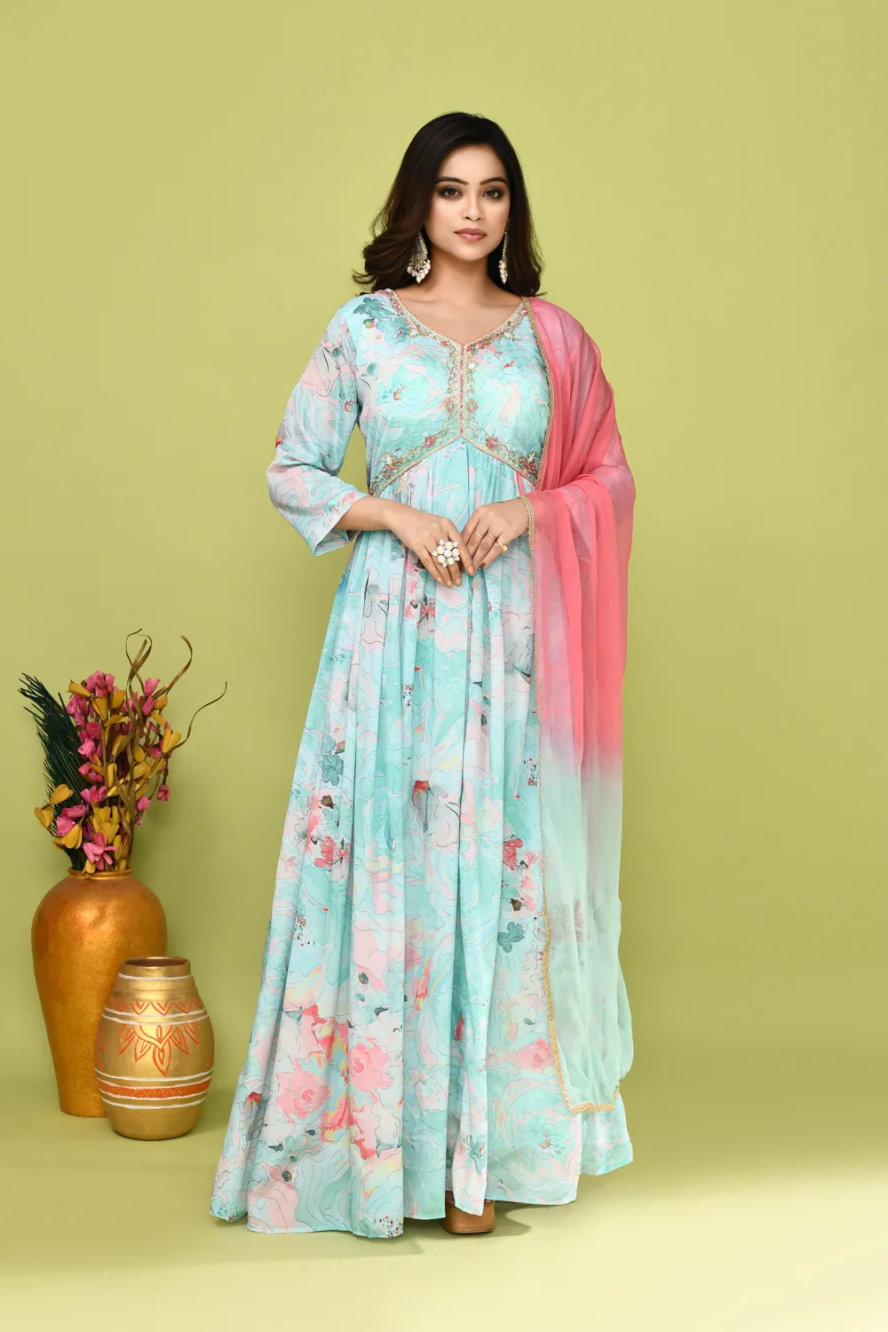 Blue Multicolour Chinnon Long Gown