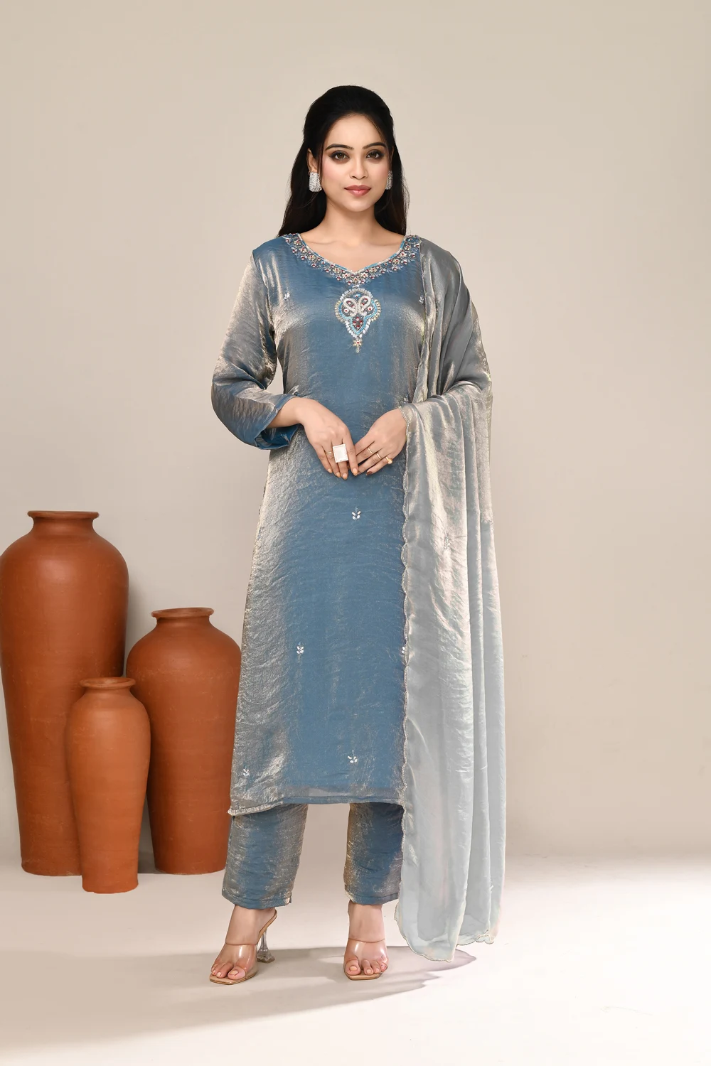 Blue Satin Embroidered Kurta Set
