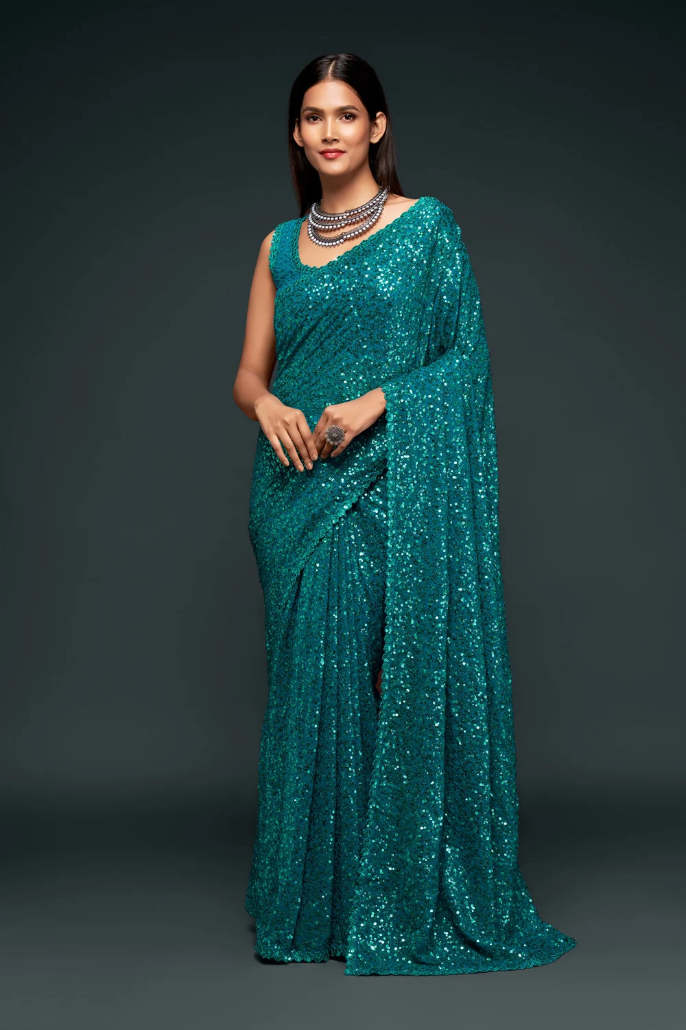 Classic Georgette Turquoise Color Sequins Saree