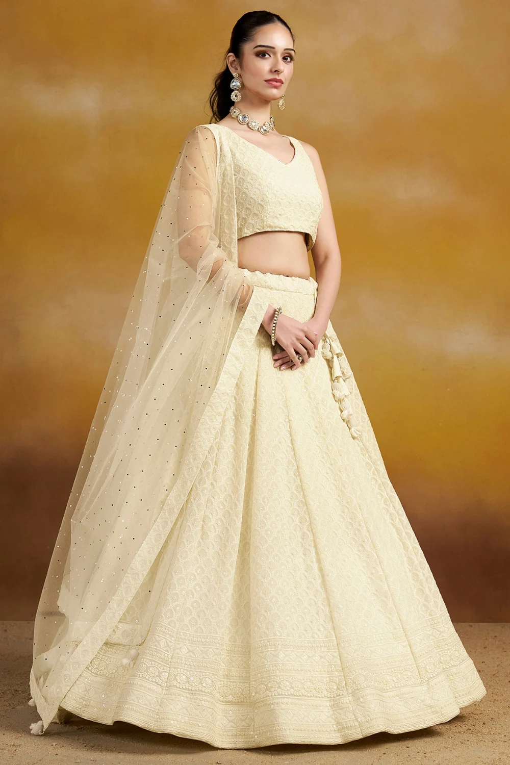 Cream Georgette Sequins Embroidered Party Lehenga