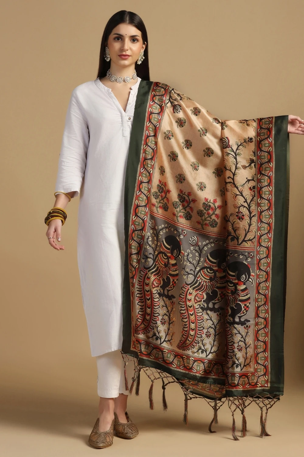Designer Beige Digital Print Silk Paisley Dupatta