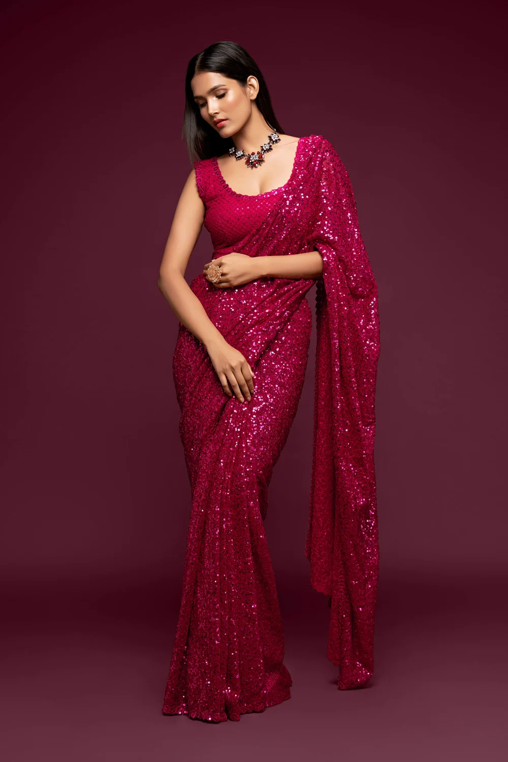 Designer Georgette Pink Color Sequins Saree