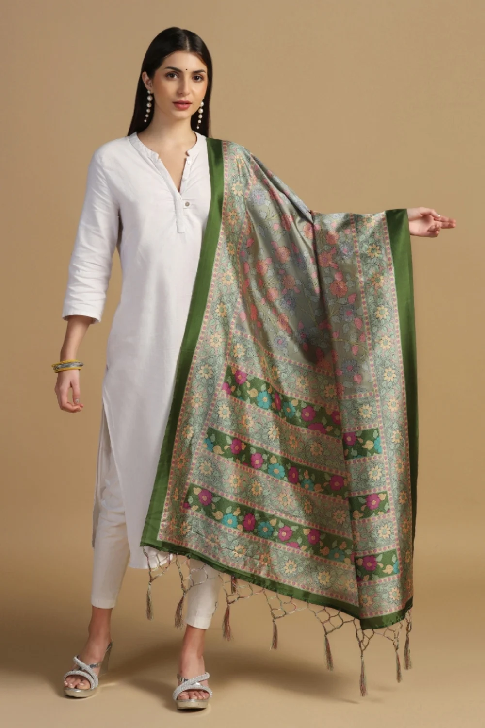 Designer Green Digital Print Silk Ethnic Dupatta