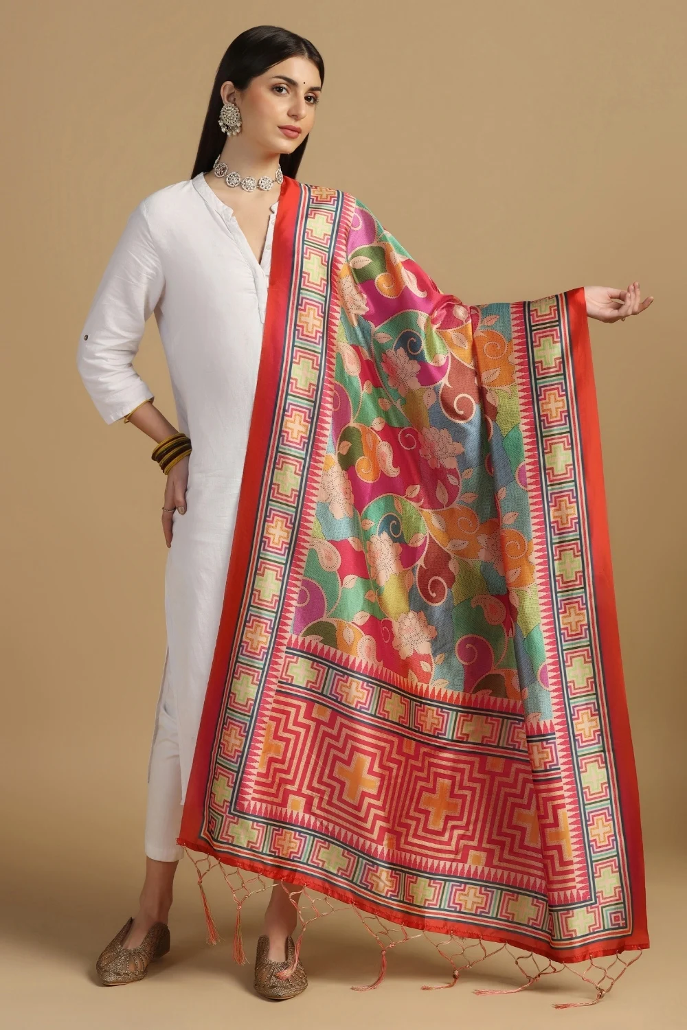 Designer Red Digital Print Silk Paisley Party Dupatta
