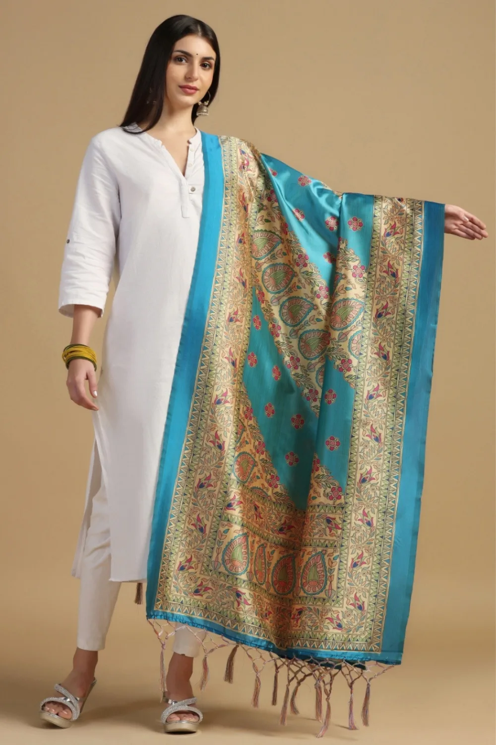 Designer Sky Blue Digital Print Silk Party Dupatta