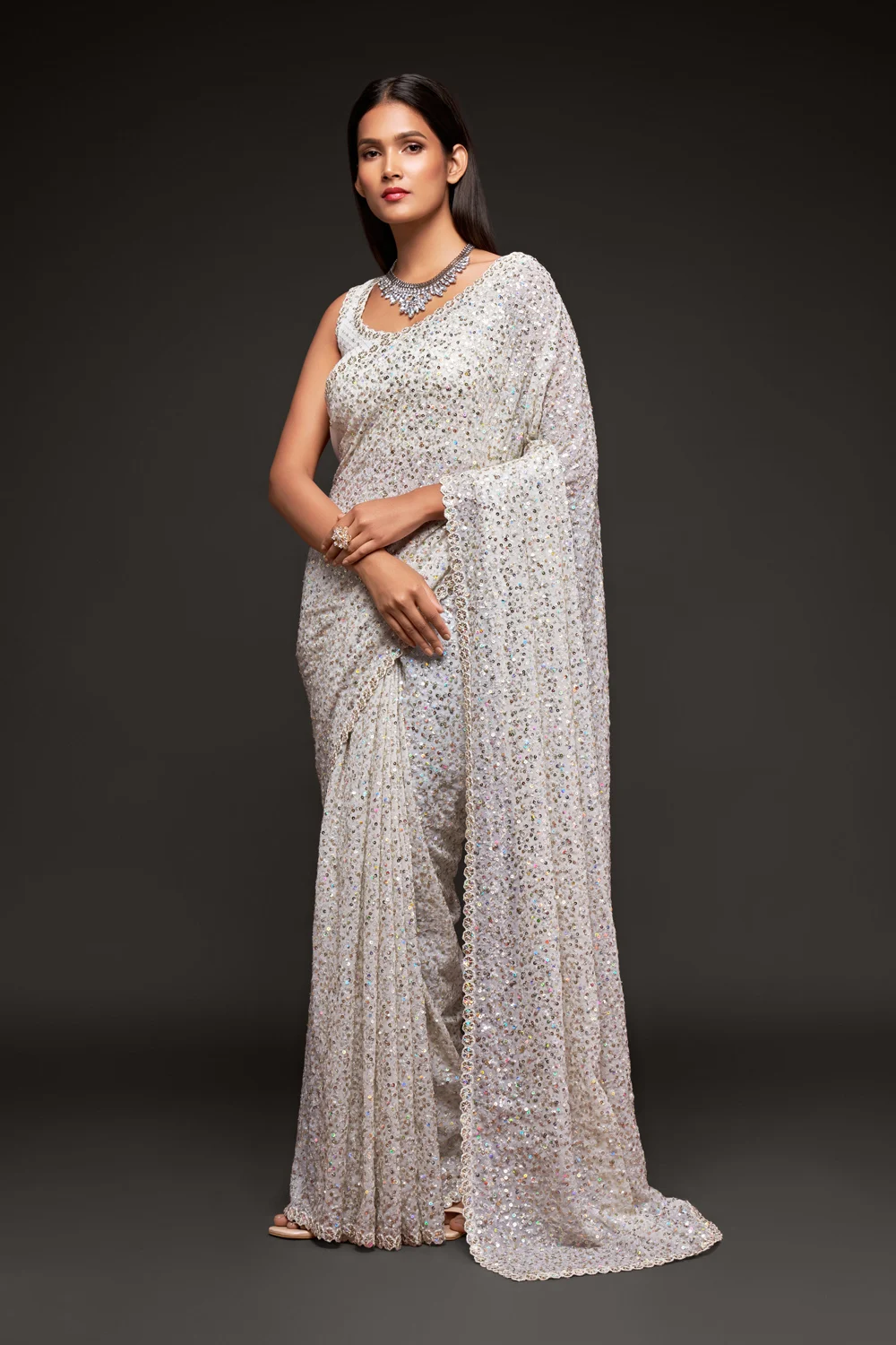 Embroidered Georgette White Color Sequins Saree