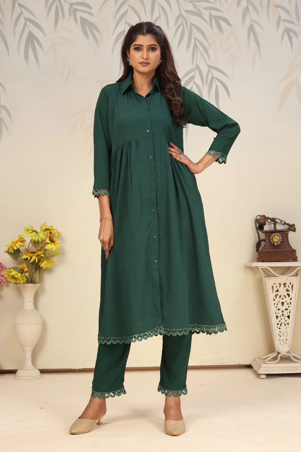 Green Cotton Kurti Set for Festive Occasion Wear