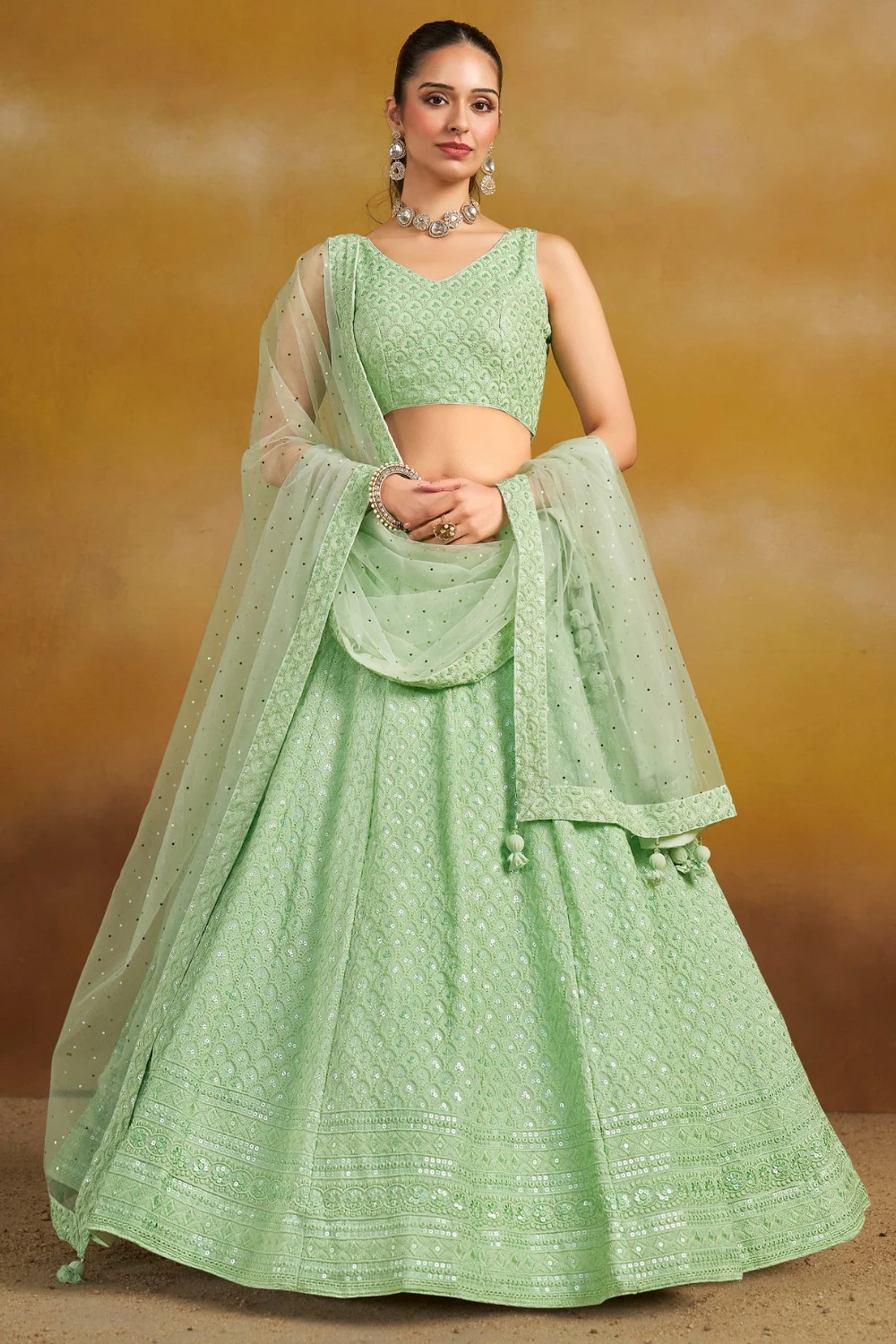 Green Georgette Sequins Embroidered Party Lehenga