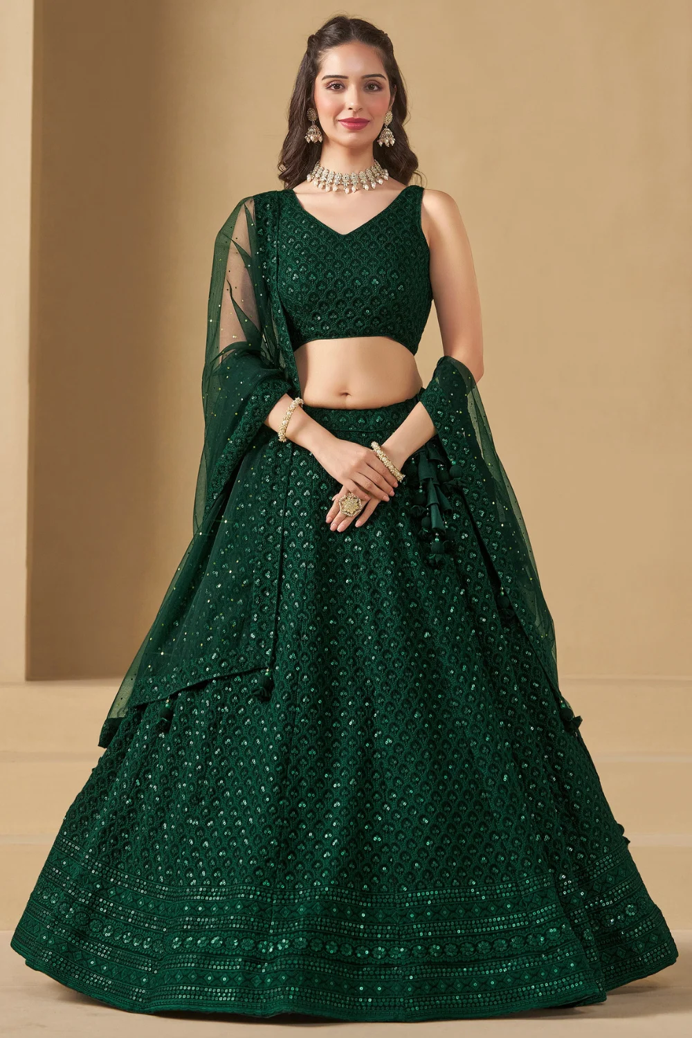 Green Georgette Sequins Embroidered Party Lehenga