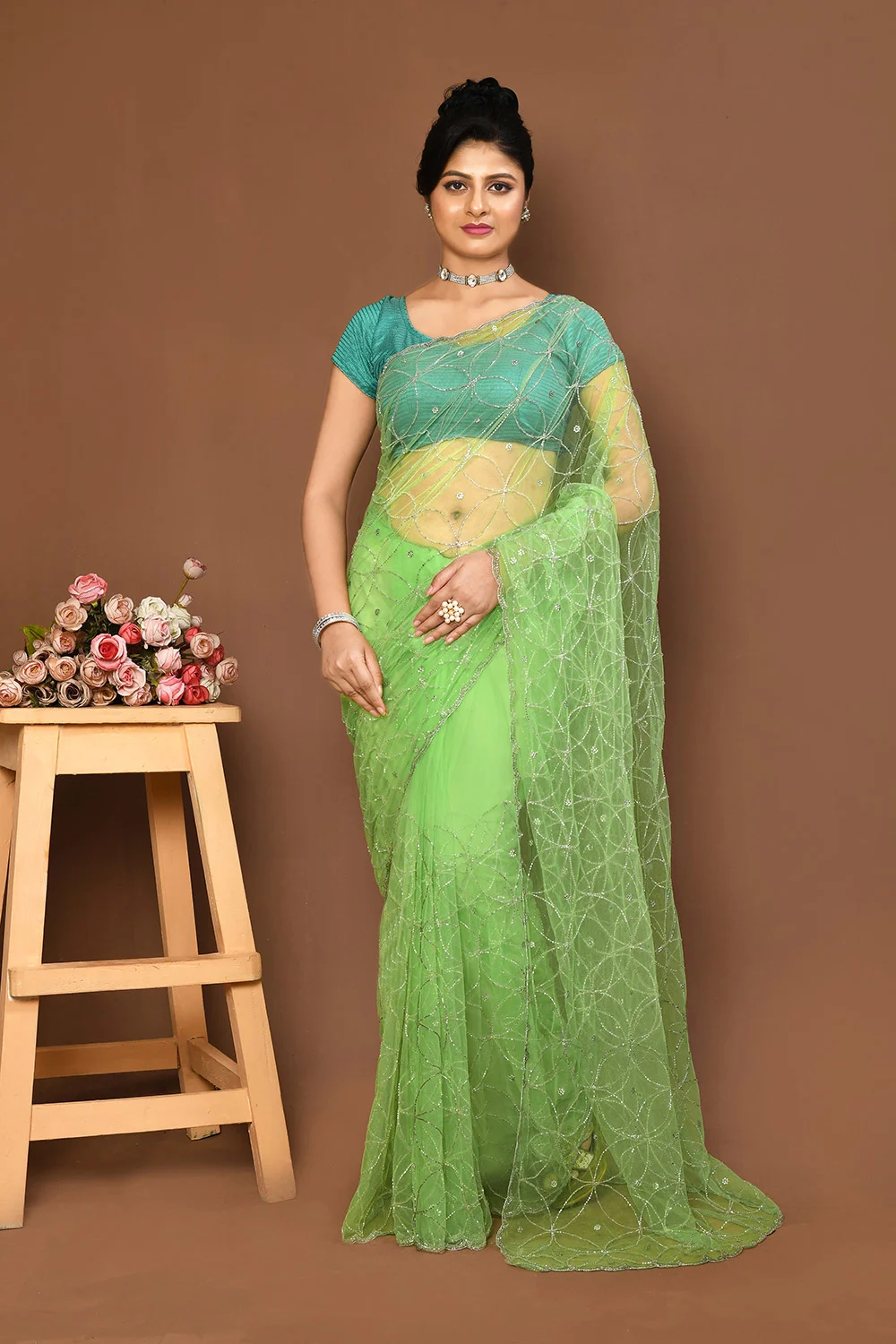 Green Net Designer Saree