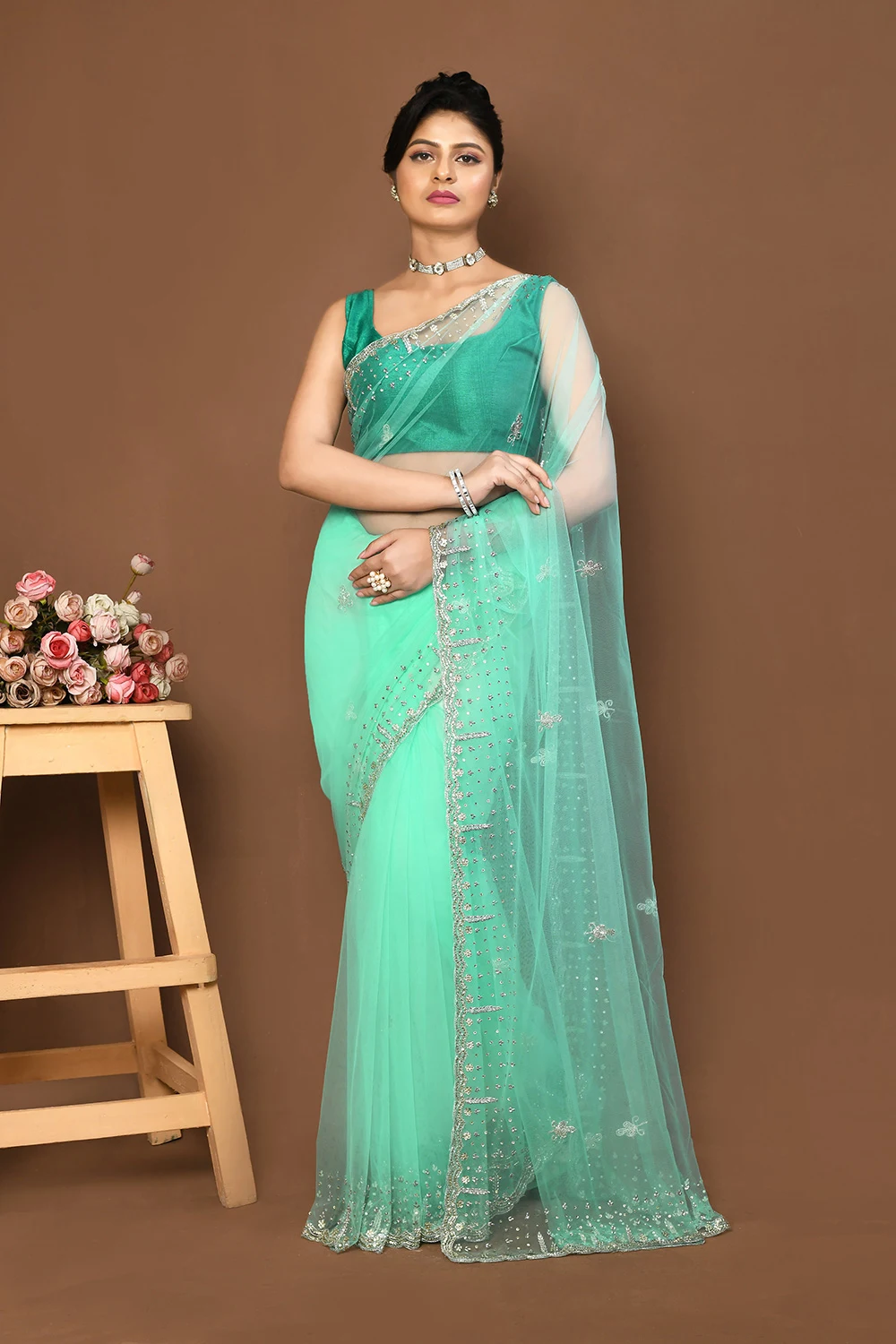 Green Net Designer Saree