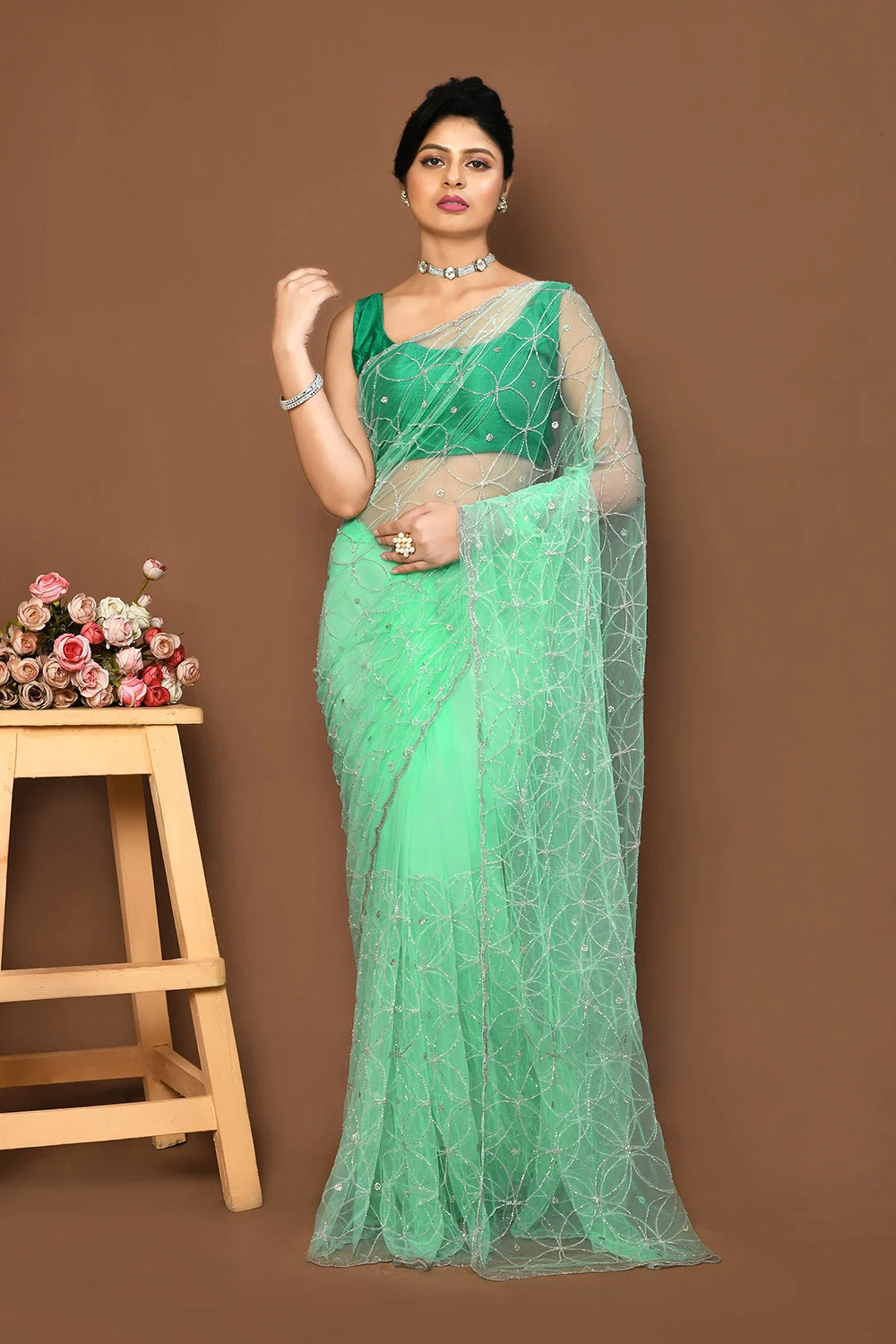Green Net Party Wear Saree