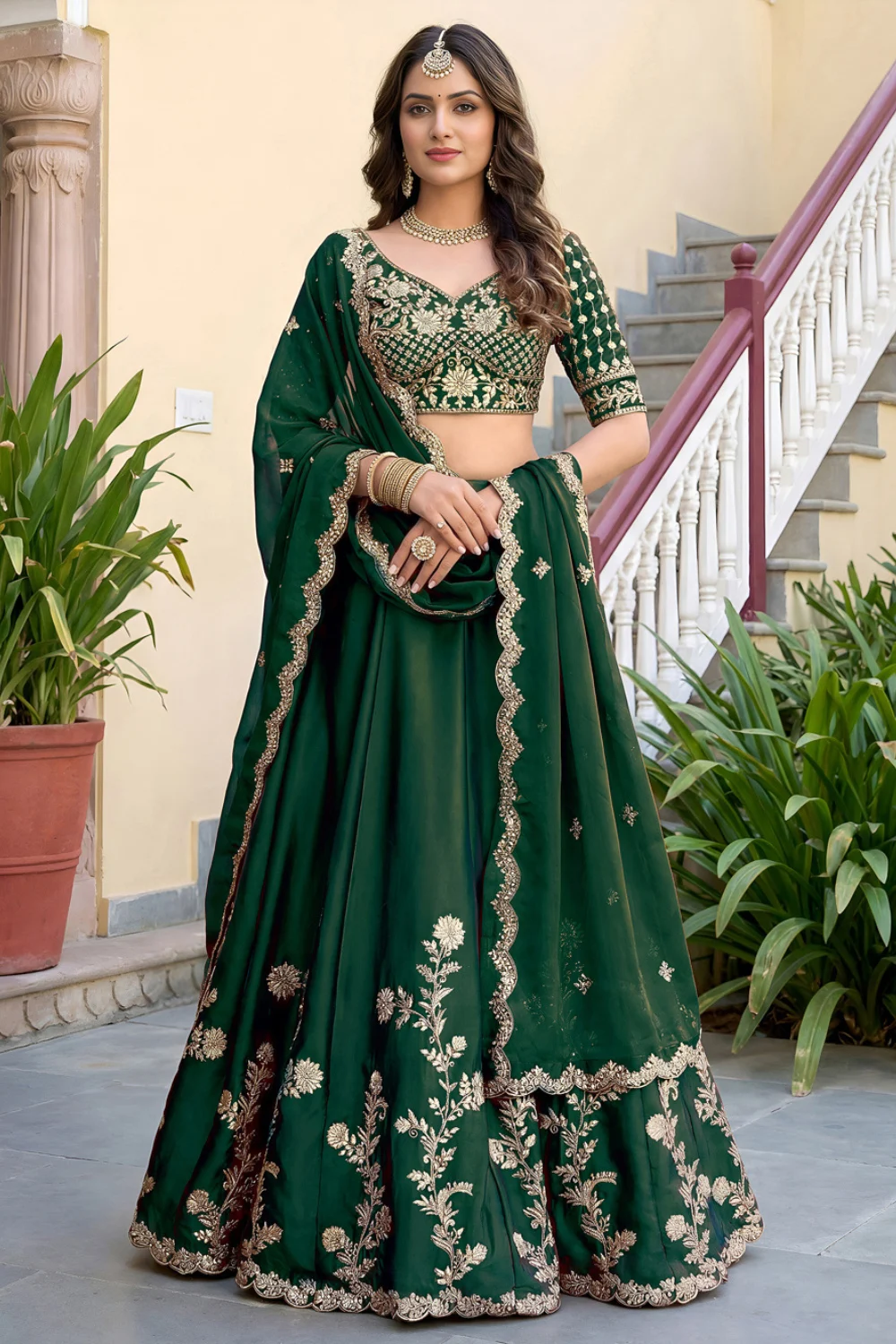 Green Silk Zari & Dori Embroidered Lehenga Set